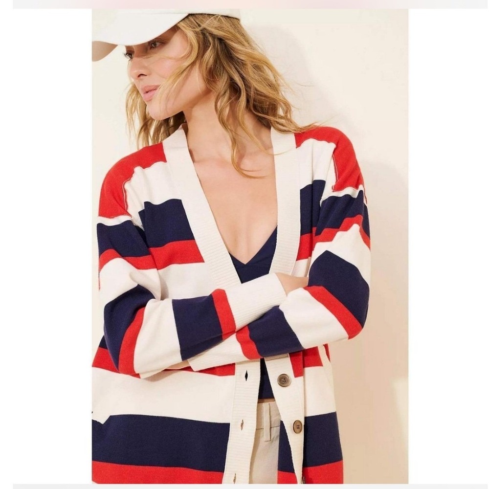 Free People Striped Cardigan Sweater Red White Blue‎ V-Neck Button Front Small
